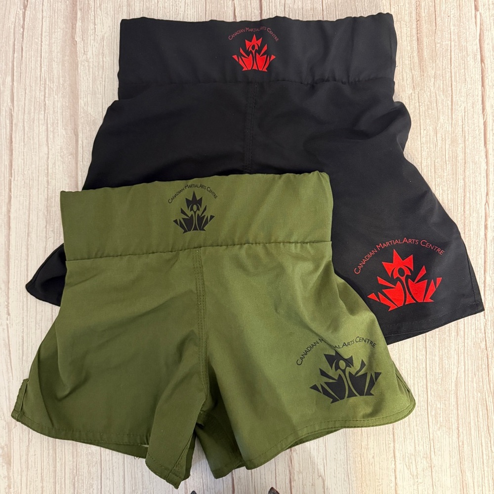 TWO Pairs Canadian Martial Arts Centre Fighting Shorts MMA Size 24 Black & Green